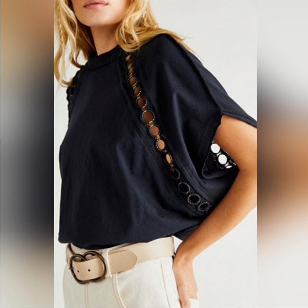 Free People Rough Around The Edge Top Black Dolman Sleeves Crochet Grommet